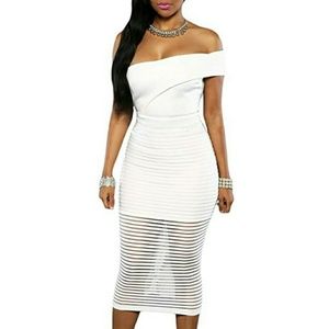 NWOT. One shoulder sheer striped midi dress.